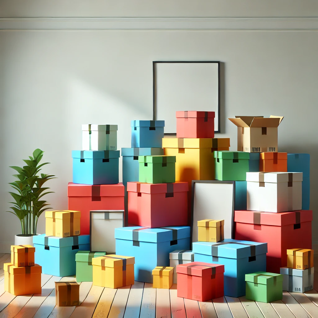 DALL·E 2025-03-13 12.19.07 - A room with a few colorful boxes of different sizes scattered around. The boxes are placed on the floor, some stacked while others stand alone. The co